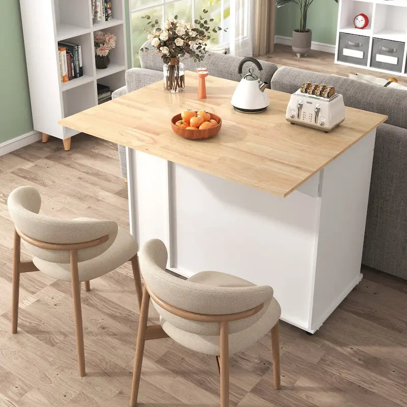 Kitchen Island with Drop Leaf and 3-Tier Pull-Out Cabinet Organizer