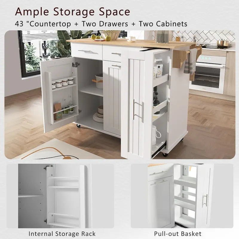Kitchen Island with Drop Leaf and 3-Tier Pull-Out Cabinet Organizer