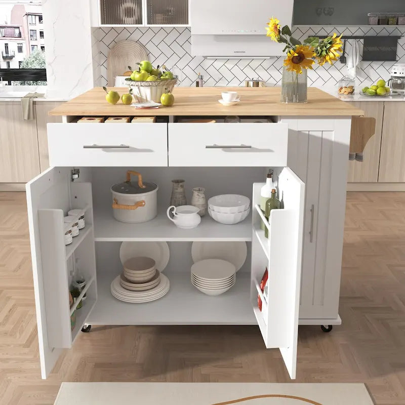 Kitchen Island with Drop Leaf and 3-Tier Pull-Out Cabinet Organizer