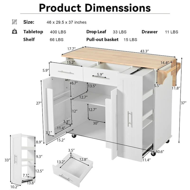 Kitchen Island with Drop Leaf and 3-Tier Pull-Out Cabinet Organizer