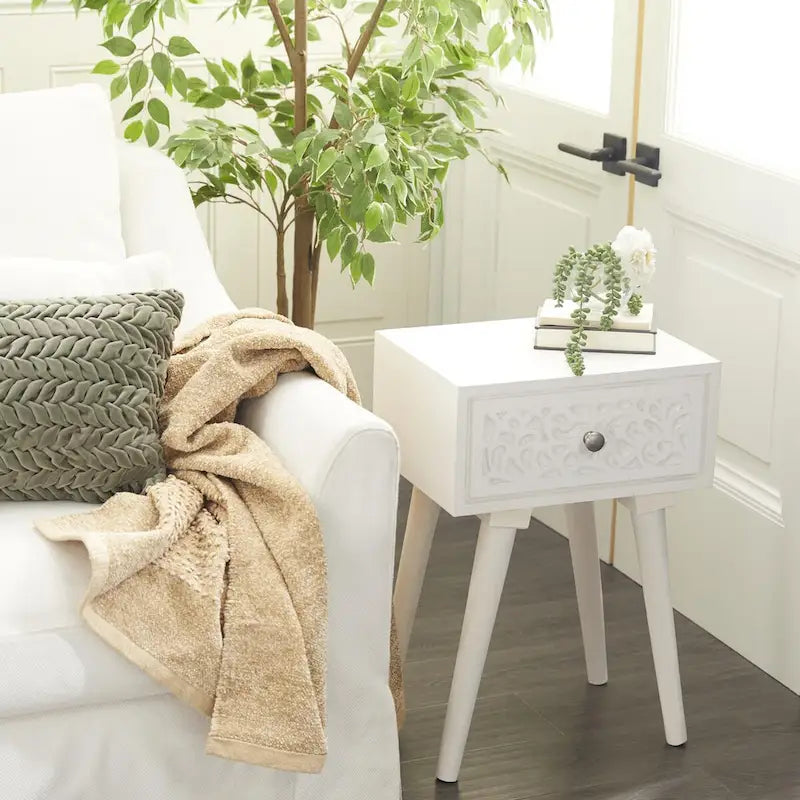 Mango Wood Scroll Carved Single Drawer Side Accent Table - White