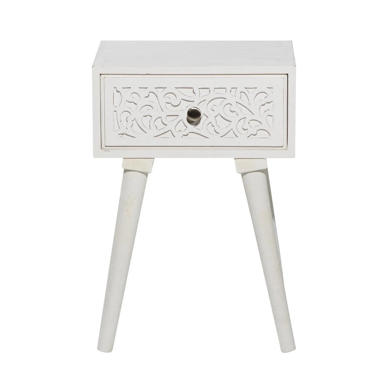 Mango Wood Scroll Carved Single Drawer Side Accent Table - White