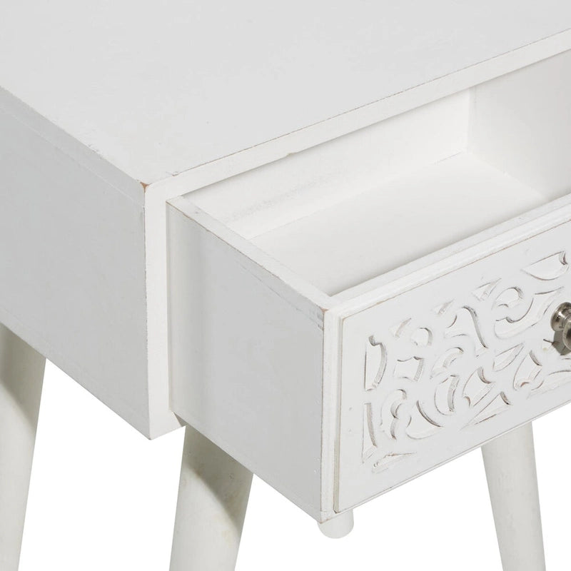 Mango Wood Scroll Carved Single Drawer Side Accent Table - White