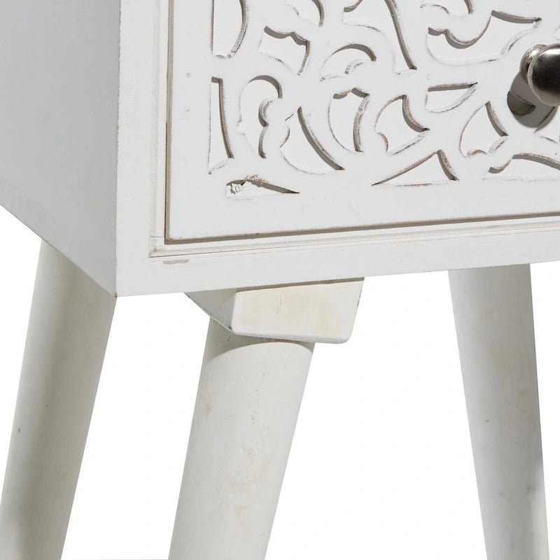 Mango Wood Scroll Carved Single Drawer Side Accent Table - White