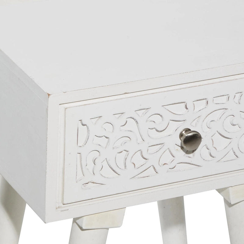 Mango Wood Scroll Carved Single Drawer Side Accent Table - White