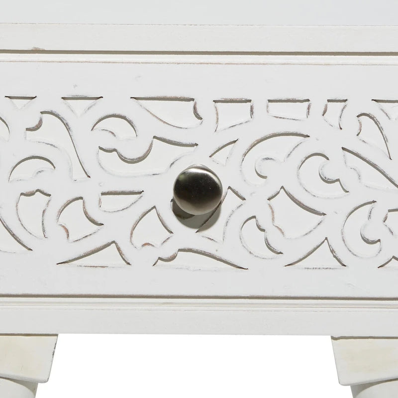 Mango Wood Scroll Carved Single Drawer Side Accent Table - White