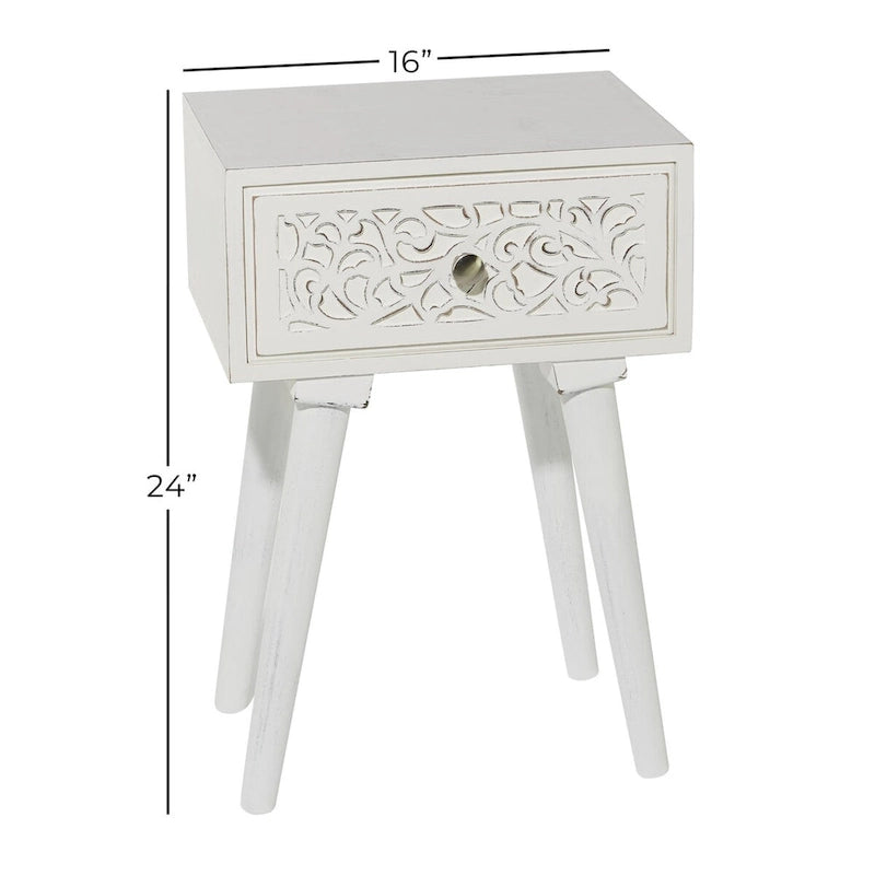 Mango Wood Scroll Carved Single Drawer Side Accent Table - White
